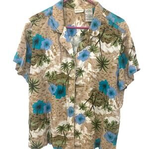 White Stag Camp Shirt XL 16-18 Tan Blue Hawaiian Short Sleeves Boxy Tropical